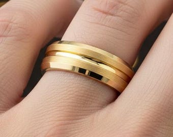 Gold Tungsten Carbide Wedding Band, Brushed Grooved Ring, Men’s Wedding Band, Engagement Ring, Unique Wedding Rings 6mm Women's Wedding Ring