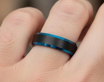 Women's Wedding Ring Groom Band Black & Blue Men's Tungsten Carbon Ring Men Promise Ring Engagement Ring Wedding Ring For Him With Engraving