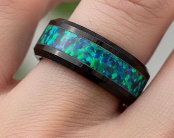 Black Ring With Blue Opal Inlay, Men's Ring, Engraved Ring, Anniversary Ring Customized Ring, Gift for Him, Gift for Boyfriend, Husband Ring