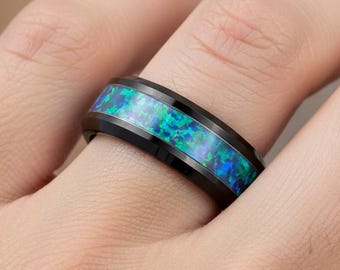 Mens Opal Tungsten Ring, Wedding Band for Men and Women, Personalized Rings, Black Wedding Band, Opal Wedding Band, Blue and Green Opal Ring