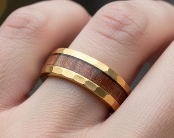 Yellow Gold Tungsten Ring For Men Women Wedding Band Gold Hammered Edge Wood Inlaid Engagement Ring Wooden Band Royal Men's Ring Wood Ring