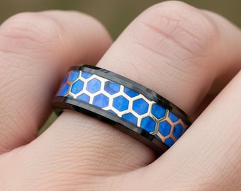 Blue Opal Inlay with Gold Plated Honeycomb Pattern Black Tungsten Wedding Ring, Men's Band, Engraved Anniversary Ring, Blue  Fire Opal Ring