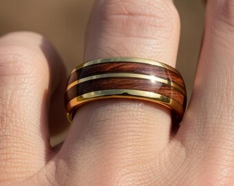 Koa Wood Wedding Ring, Tungsten Wedding Ring with Double Stripes/Half Hawaiian Koa Wood Inlay Male Engagement Anniversary Ring, Wedding Band
