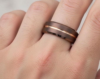 Men's Unique Ring, Brown Tungsten Promise Ring for Him, Coffee Ring with Rose Gold IP Tungsten, Brown Wedding Band Mens, Unique Wedding Ring