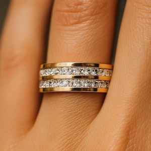 Yellow Gold Titanium Ring Titanium Wedding Band Eternity Ring Men&#39;s Women&#39;s Titanium Ring 8mm Princess Cut CZ Wedding Band Personalized Ring