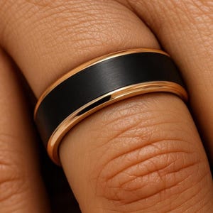 Tungsten Ring Black Brushed | Rose Gold Stepped Edge Mens Wedding Band | Promise Rings For Him | Tungsten Engagement Ring | Anniversary Band