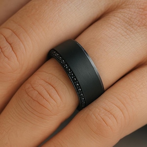 Black Titanium Men&#39;s Wedding Band With Black Diamonds on Both Sides Men’s Wedding Band 8mm Titanium Ring Engagement Ring Unique Wedding Ring