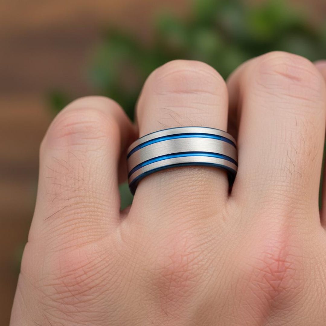 Tungsten Blue Ring, Silver Blue Line Ring Wedding Band Men's Ring ...