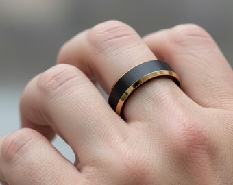 6mm Matte Black Center Gold Beveled High Polish Edge Black Tungsten Carbide Ring Wedding Band Anniversary Jewelry Comfort Fit Engrave Ring