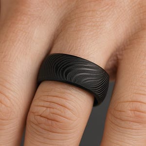 Damascus Pattern Tungsten Wedding Band, Black Tungsten Ring, Mens Wedding Band 8mm, Domed Men&#39;s Ring, Promise Rings For Him, Custom Engraved