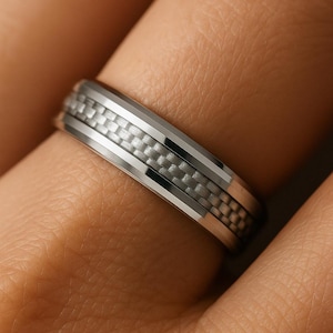 Tungsten Carbide Women&#39;s Wedding Ring, 6mm Gray Carbon Fiber Inlay Tungsten Wedding Band, Mens Engagement Ring, Promise Ring for Him and Her