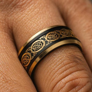 Black & Gold Tungsten Wedding Band, Gold Celtic Dragon Ring, Engagement Ring, Comfort Fit, Men&#39;s Wedding Band, Celtic Wedding Ring 8mm Ring