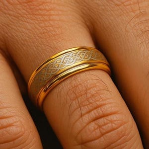 Gold Tungsten Wedding Ring, Gold Celtic Ring, High Polish Celtic Knot Pattern, Stepped Edges, Men’s Wedding Band, Engagement Ring, 6MM Ring