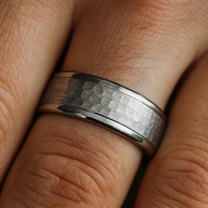 Mens Silver Hammered Wedding Band, Mens Silver Wedding Ring, Men&#39;s Hammered Ring, Tungsten Carbide Band, Engagement Ring, Anniversary Ring