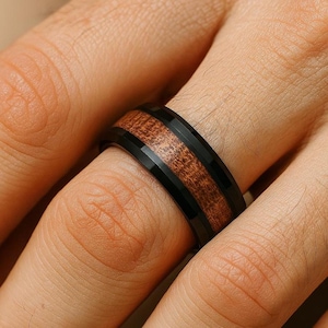 Black Tungsten Ring Promise Ring Koa Wooden Ring Man&#39;s Wedding Ring Wood Inlay Ring Engagement Ring Man Wedding Band Wood Inlay Promise Ring