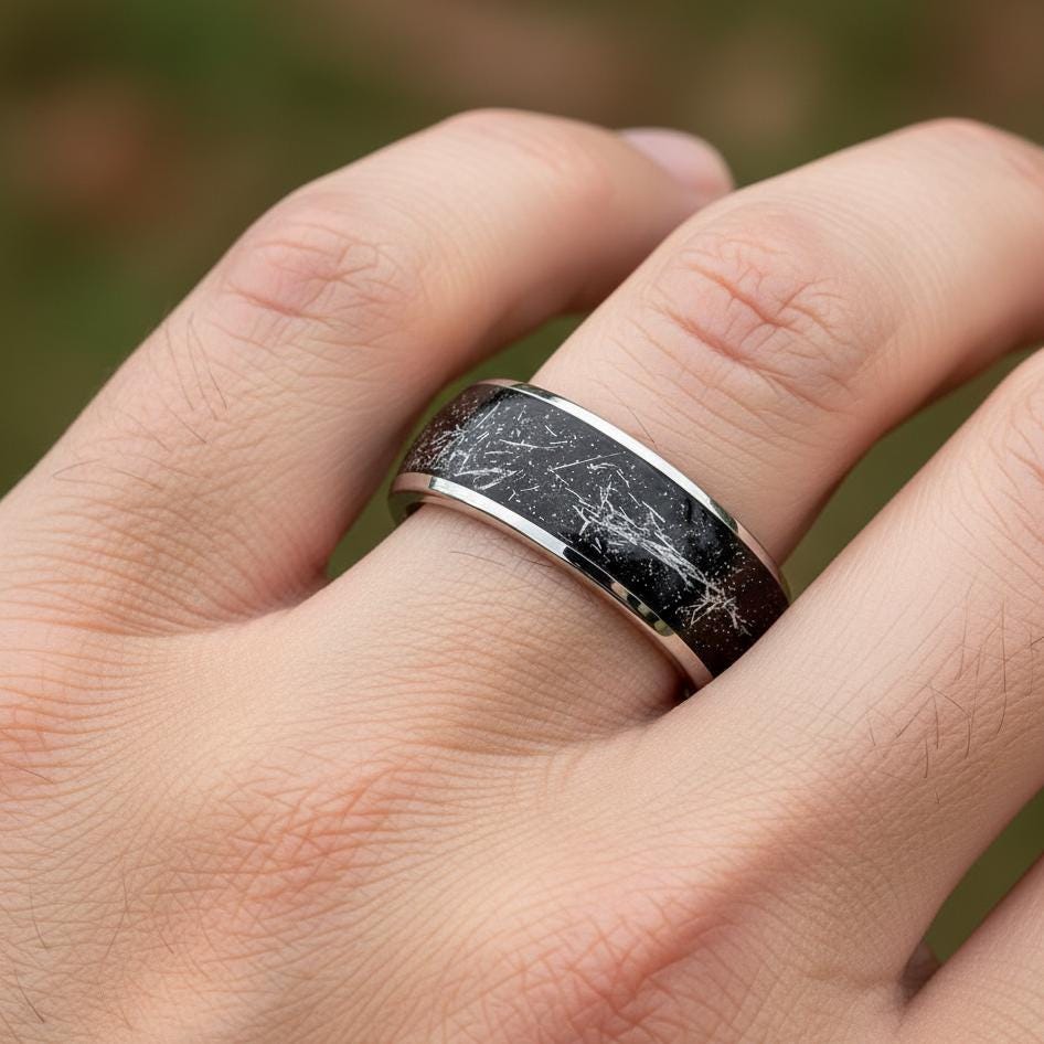 Men's Tungsten Wedding Band- Black Marble Inlay Ring, Unique Ring, Valentine Day Gifts, Christmas Gift, Gift for Him, Anniversary Gift, Ring