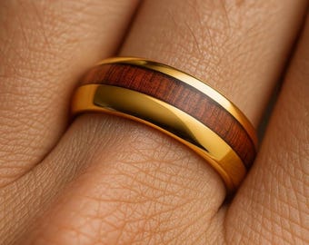 Gold Wedding Band with Wood Inlay, Koa Wood Gold Ion Plated Tungsten Ring, Gold Engagement Ring, Men's & Women's, Anniversary Promise Ring