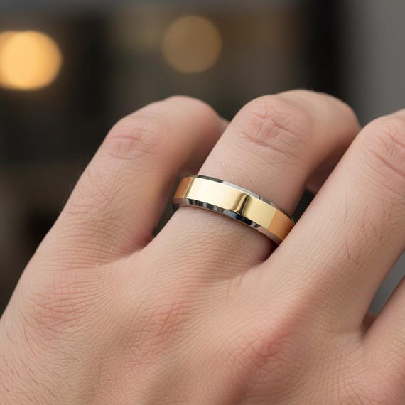 Two Tone Ring, Men's Tungsten Wedding Band, Silver Tungsten Ring, Gold Tungsten Ring, Women's Tungsten Band, 6 mm High Polished Beveled Band