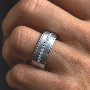 Titanium Wedding Ring Silver Titanium Ring Channel Set Diamond Ring Mens Band Diamond Wedding Band Men&#39;s Diamond Ring Womens Engagement Ring