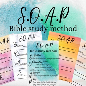 May include: Four colorful cards with the acronym "S.O.A.P." and the words "Bible study method" printed on them. Each card has a different color background and a list of steps for a Bible study method: Scripture, Observation, Application, and Prayer.