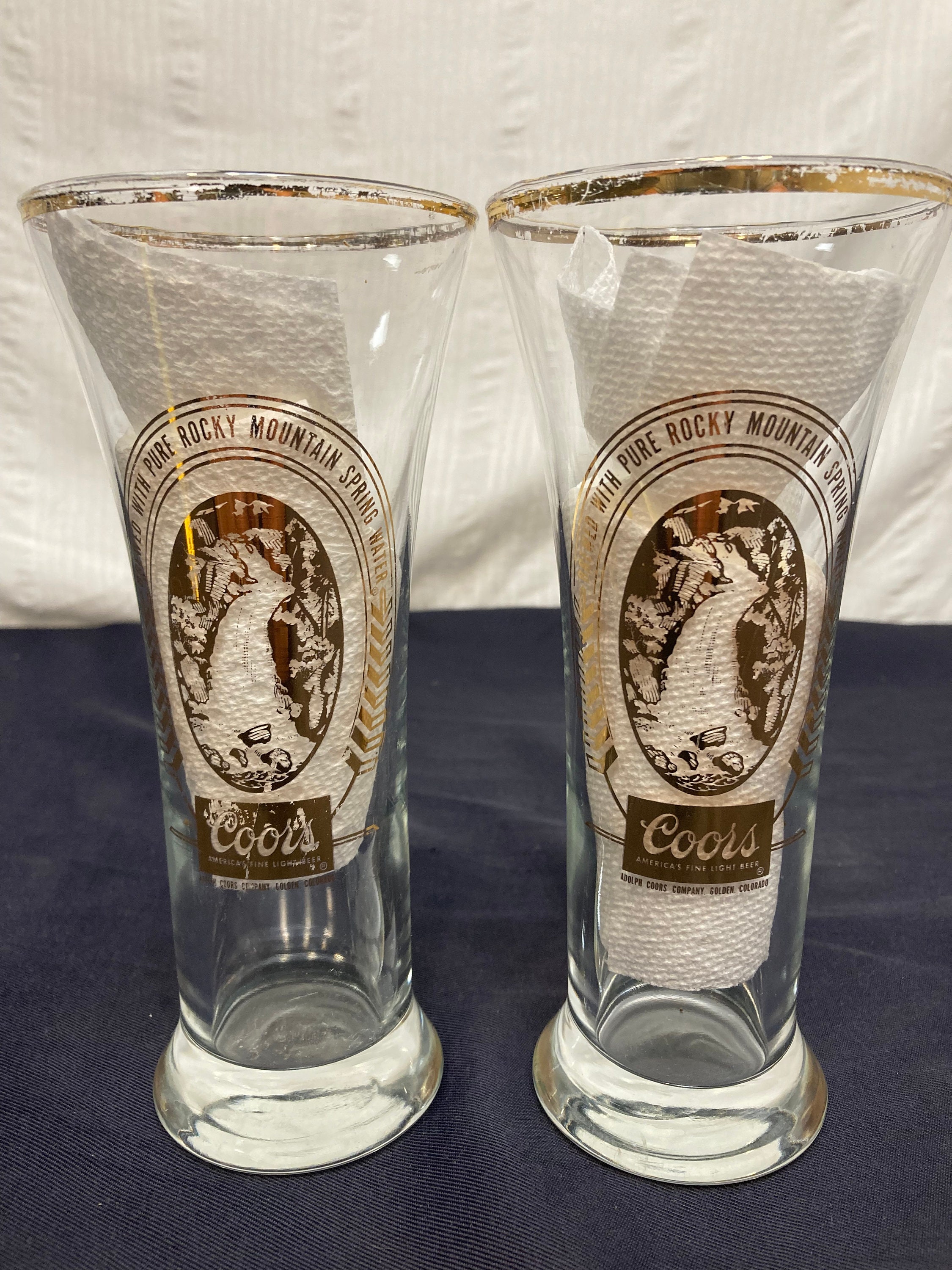 Vintage Coors Gold Label Stemmed Gold Rim Pilsner Beer Glasses