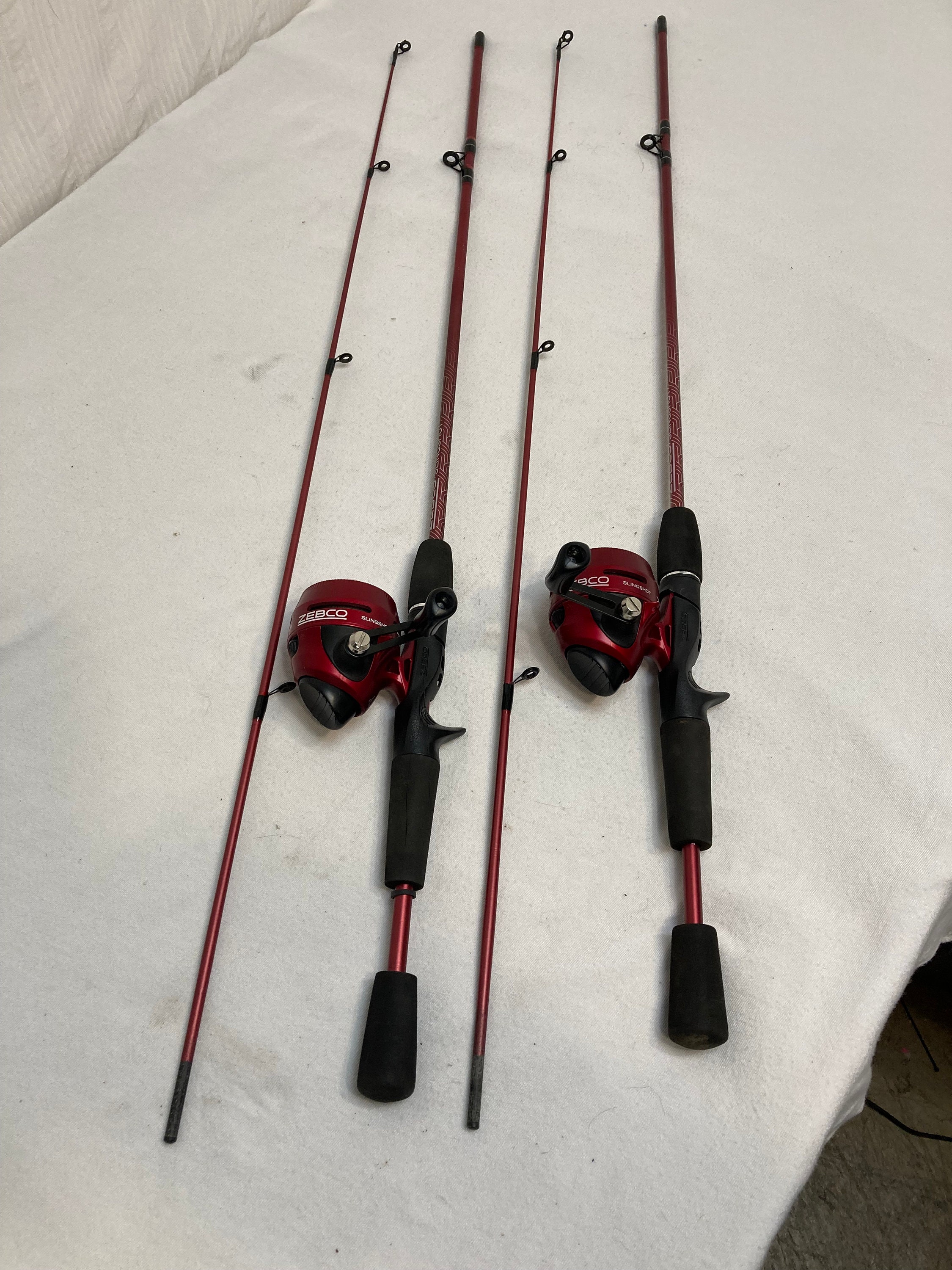 Set of 2 Matching Zebco Slingshot Fishing Rod Reel Combos Poles 