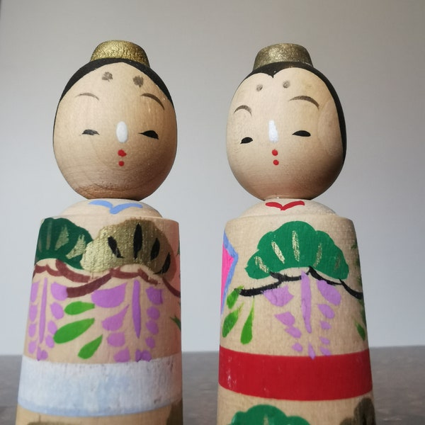 Retro showa miniature couple Kokeshi Doll. Hina matsuri dolls. Japanese home ornament, Japanese Shelf Decor of souvenir dolls.