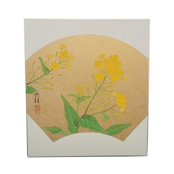 Peinture d'art floral, Oeuvre d'art originale de fleur de colza, décoration murale d'un dessin de fleur par un artiste Japonais sur Shikishi