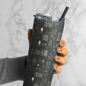 Candlelit Bookish Tumbler with Straw for Book Lover Dark Academia Cups with Cottagecore Vibe Gift for Book Lovers Tumbler for Cold Drinks