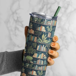 Bookish Tumbler with Straw Dark Academia Cup Book Shelf Tumblers for Readers Gift Cottagecore Travel Mug Gift for Librarian Metal Tumbler