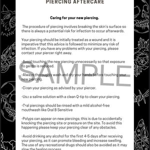 May include: Black and white illustrated guide with the text "Piercing Aftercare" and instructions on how to care for a new piercing. The instructions include advice on washing hands, cleaning the piercing, and avoiding alcohol.