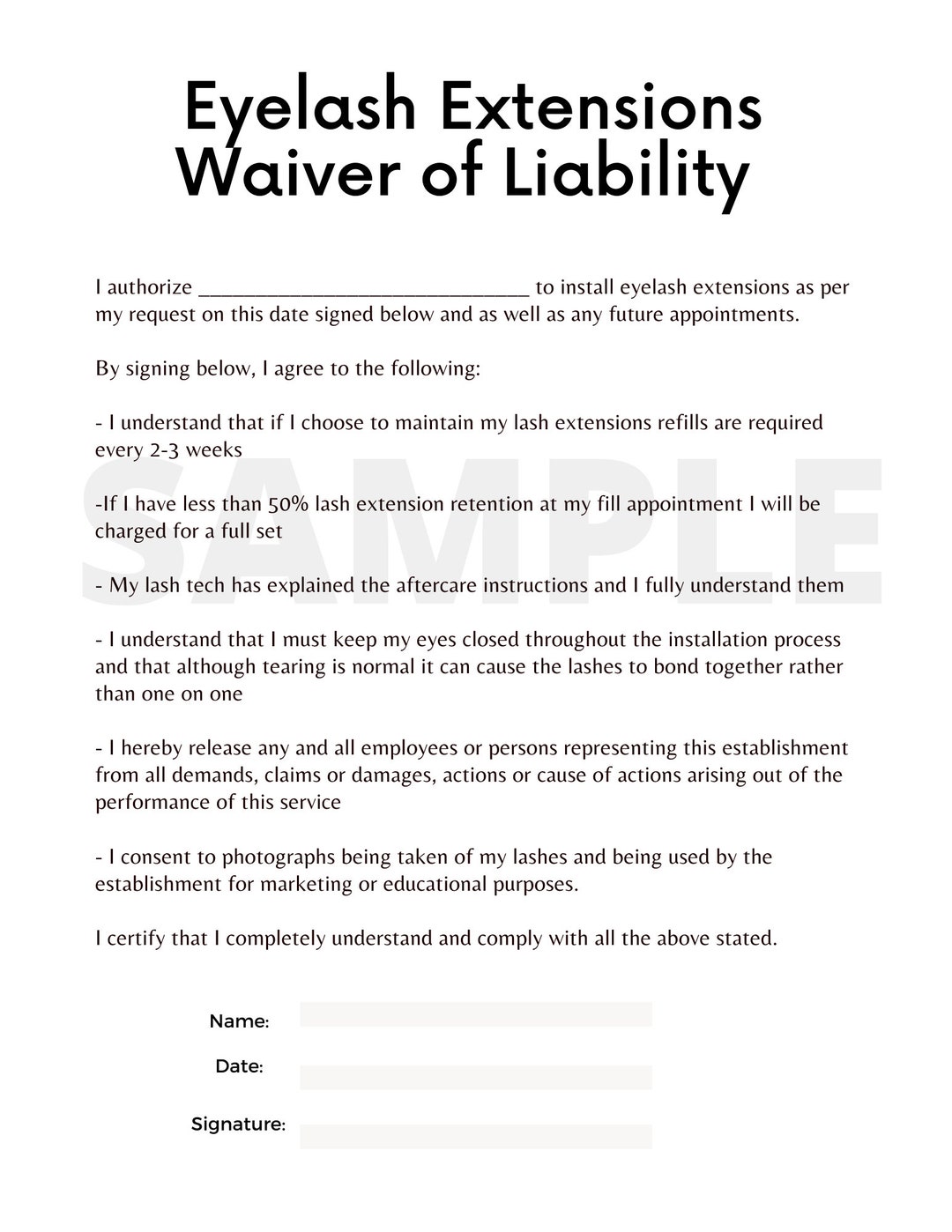 Lash Package Printable Plain Waiver and Aftercare Etsy