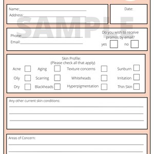 May include: Aesthetic Source client intake form with a peach border. The form includes fields for name, address, phone, and email. It also has a section for skin profile, with checkboxes for various skin conditions, and areas of concern.