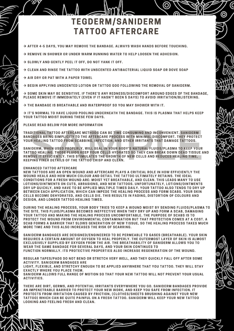 Printable Saniderm / Tegderm Tattoo Aftercare Sheet Etsy
