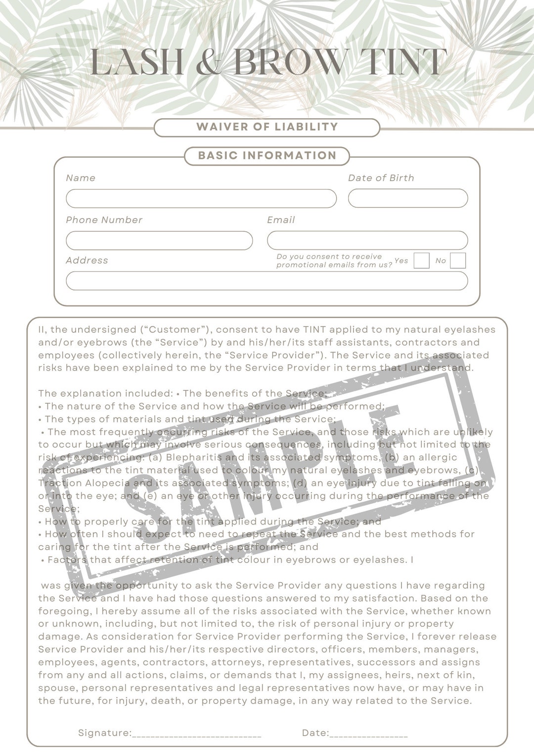 Lash and Brow Tint Waiver Printable Etsy