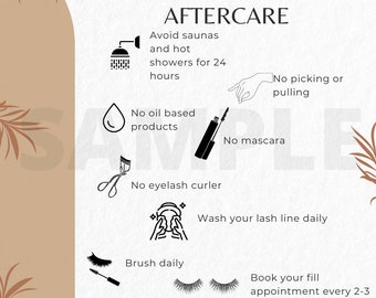 Tarjeta de cuidado posterior de extensiones de pestañas imprimibles