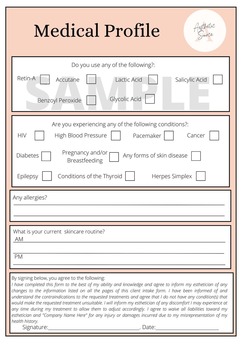 Medical Profile Form Example Skincare Profile Facial Forms Medical History - Etsy