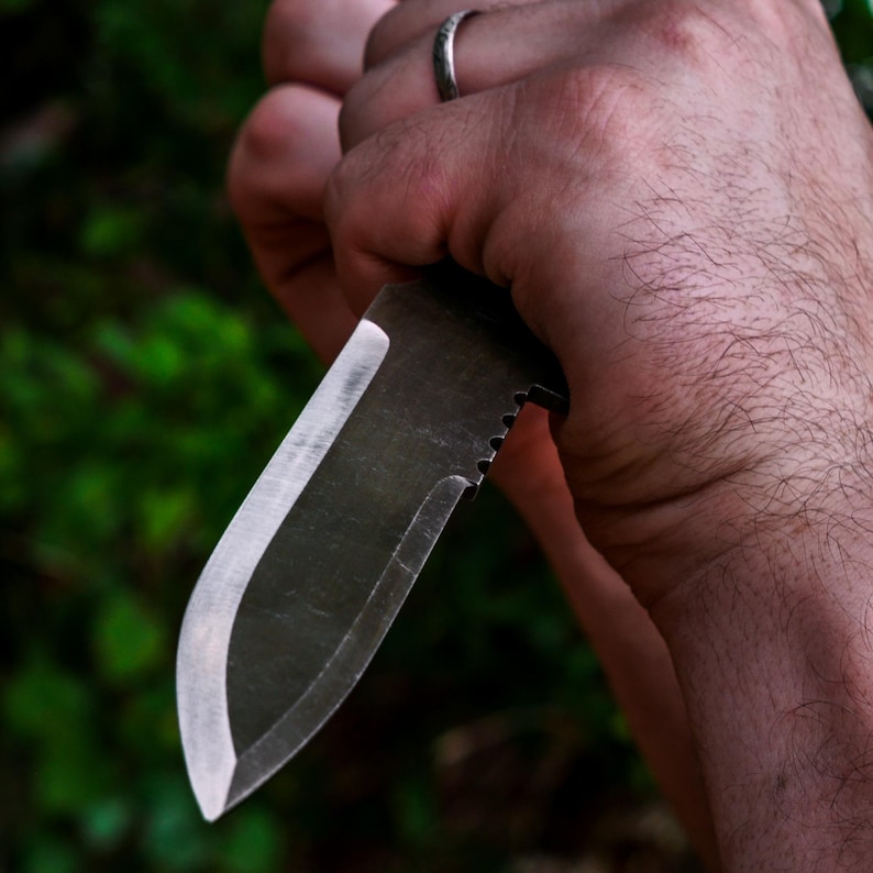 May include: A fixed-blade knife with a dark, matte-finished steel blade featuring a curved edge and a series of small serrations along the spine near the handle. The blade has a distinct grind line and a sharp, pointed tip, held by a hand.