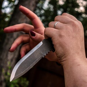 May include: A fixed-blade knife with a dark, matte-finished steel blade and a sharp, polished edge. The spine of the blade features a series of small, semi-circular notches near the handle, providing a textured grip for the thumb or fingers.