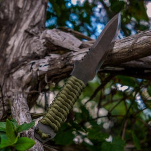 May include: A fixed-blade knife with a dark gray metal blade and a handle wrapped in olive green paracord. The blade features a serrated spine section near the hilt, and the handle terminates in a small loop of cord at the base of the metal tang.