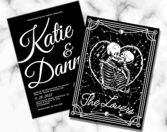 The Lovers Tarot Card Gothic Halloween Wedding Invitations Skull Fall Black Wedding Invite with Envelopes