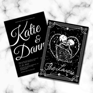 The Lovers Tarot Card Gothic Halloween Wedding Invitations Skull Fall Black Wedding Invite with Envelopes