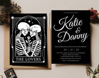 The Lovers Tarot Card Gothic Halloween Wedding Invitations Skull Fall Black Wedding Invite with Envelopes