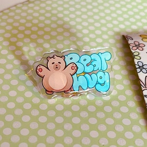 1.5&quot; Cute Bear Hug Pin || ACRYLIC PIN, Gift for her, Aesthetic Decoration, Cute Cartoon Badge Brooch, Baby Bear Cub, Novelty Pins