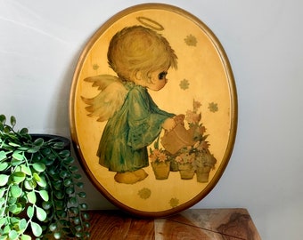 Vintage Kitschy Big Eyes LITTLE ANGELS Decoupage Wood Plaques Hand Made Angel Watering Plants