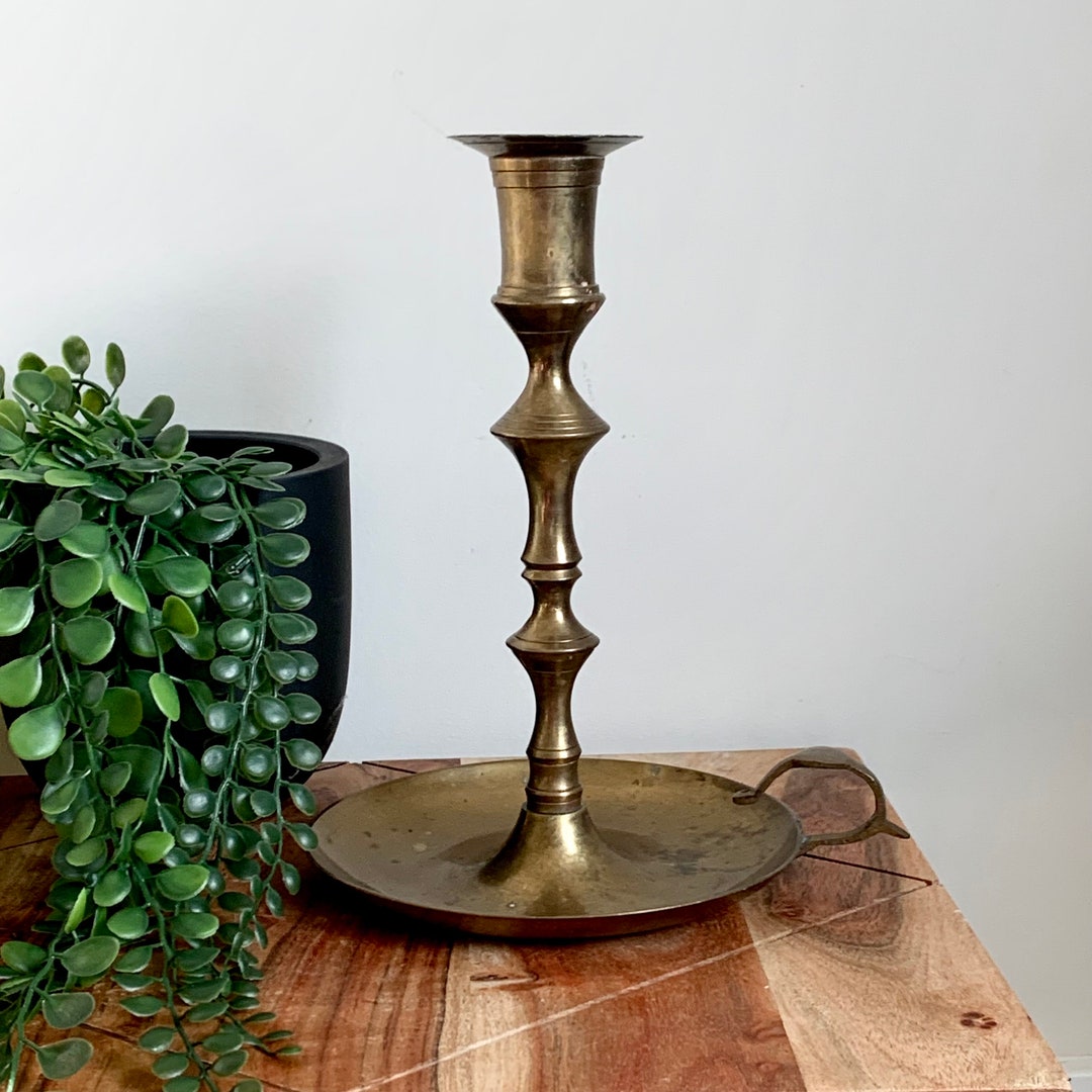 Tall Vintage Solid Brass Vintage Candle Holder, Finger Loop Style