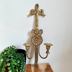 Vintage brass cherub wall candle sconce, vintage brass wall sconce, brass cherub wall sconce, brass scallop cherub angel wall sconce