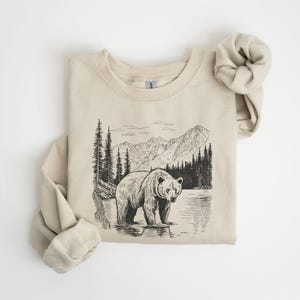 Moletom retrô com estampa de ursos pardos e cenas selvagens - Traje vintage de urso pardo dos anos 90 - Moletom boho unissex com gola redonda - Presente para o ar livre