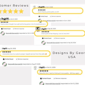 K&ouml;nnte beinhalten: Das Bild zeigt Kundenbewertungen mit F&uuml;nf-Sterne-Bewertungen und positiven Kommentaren. Die Bewertungen heben schnellen Versand, hohe Qualit&auml;t und Zufriedenheit hervor. Der Shop-Name "Designs By Georgia USA" ist ebenfalls sichtbar.