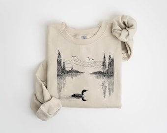Retro Loon in the Wilderness Crewneck Sweatshirt, Vintage Style Loon Shirt, Birding Bird Watching Sweater, Gift for Bird Lover